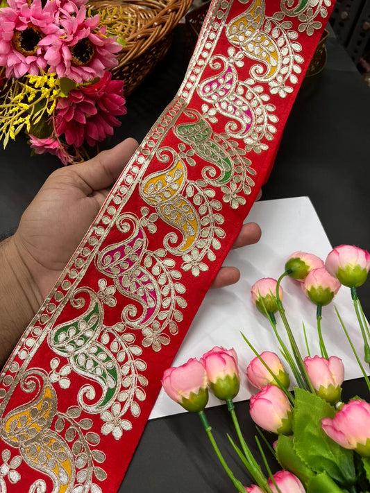 Exclusive Paisley Pure Gota Work Saree Laces – Premium Designer Border for Sarees, Lehengas & Dupattas (9 Meter, 4 Inch Width) | Red