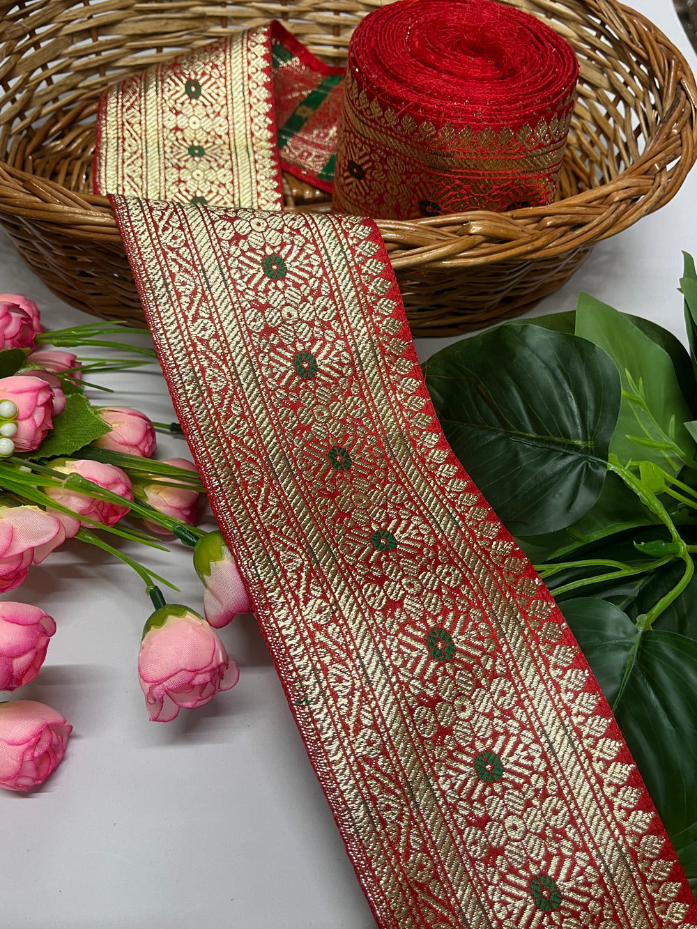 Handcrafted Banarasi Lace Border – 9 Meter, 3.5 Inch Width – Traditional Banarasi Lace, Red