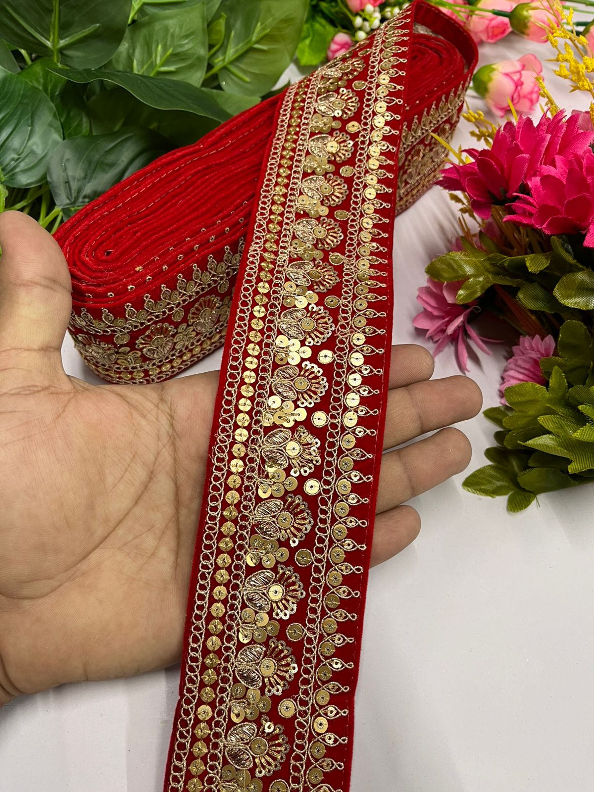 Gold Zari Sequins Embroidered Velvet Lace Border | Velvet Designer Lace (9 Mtr) | Red