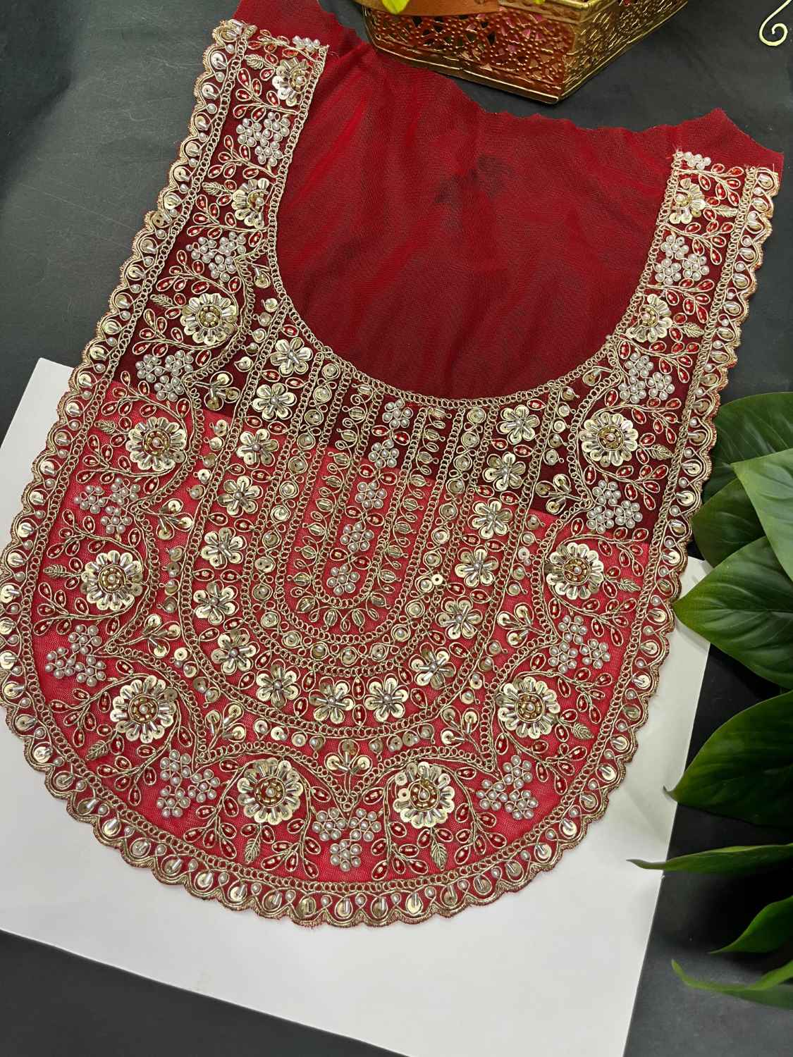 Katdana Embroidered Neck Patch for Kurtis, Dresses & Suits – Designer Handcrafted Neckline | Red
