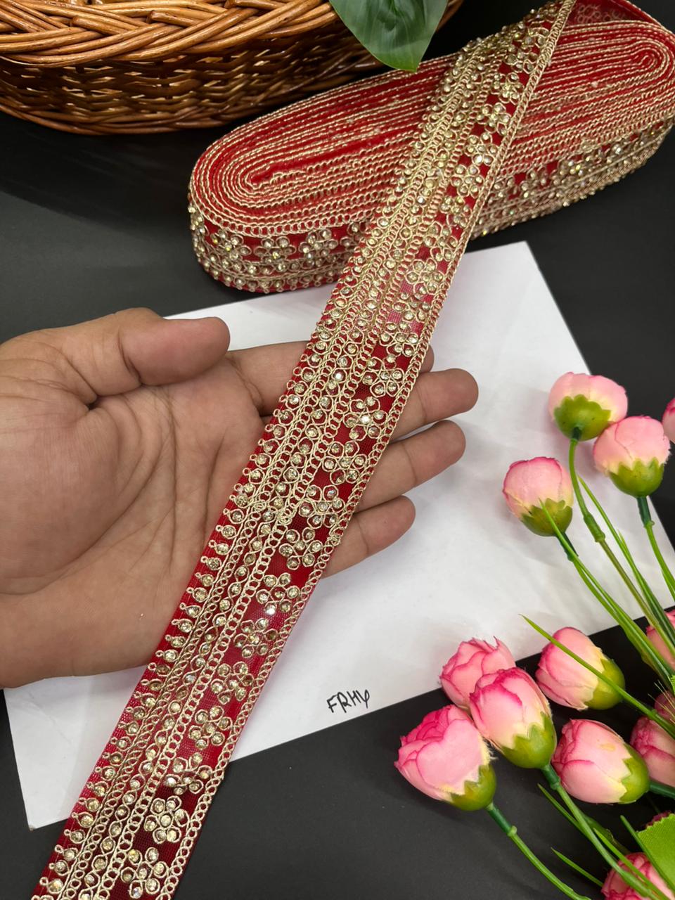 Gorgeous Diamond Work Lace & Borders – Premium Maggam Work Trim for Sarees, Lehengas & Dupattas (9 Meter, 2 Inch Width) | Red