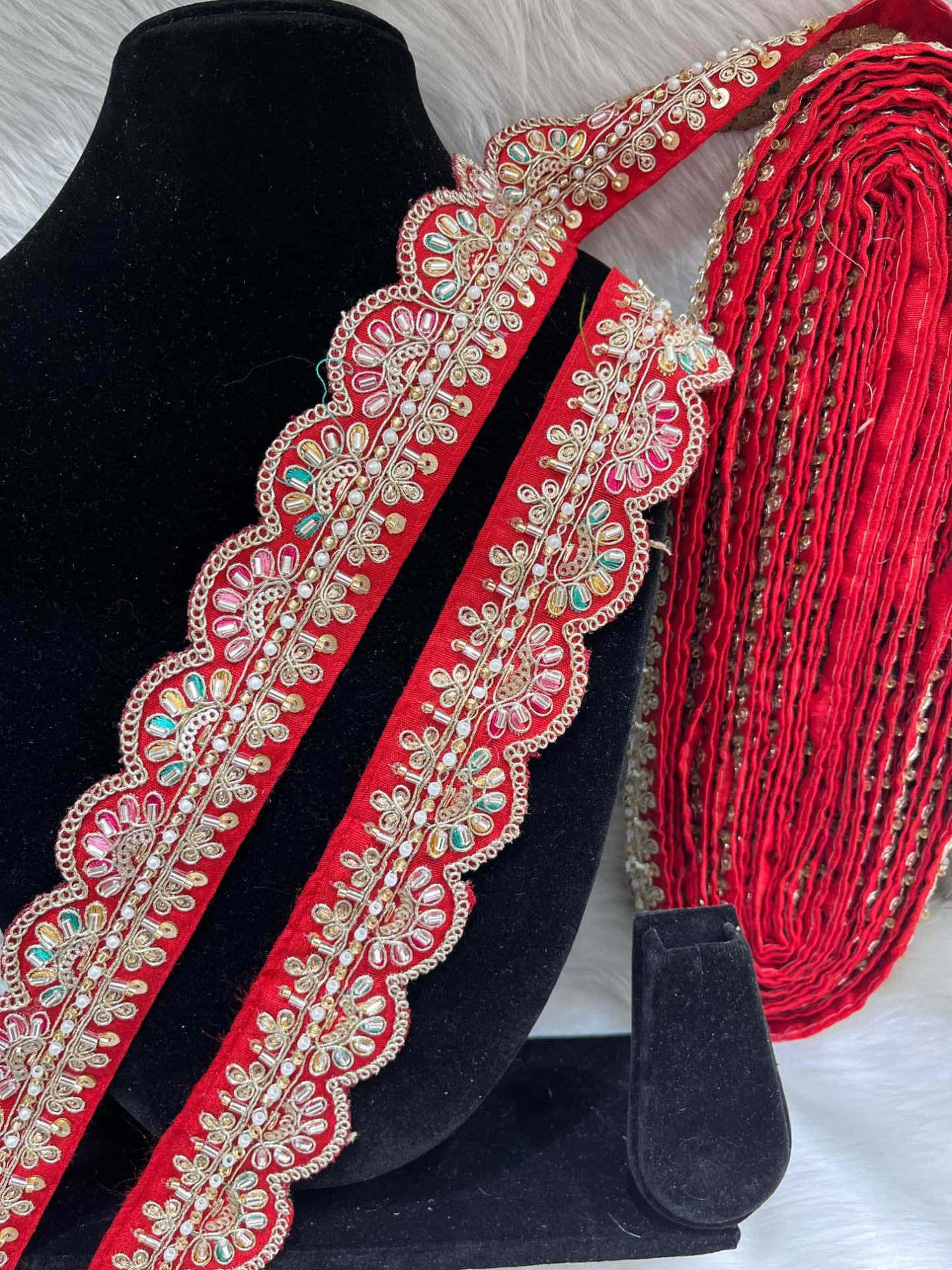 Scalloped Handwork Cutdana & Pearl Embroidered Saree Lace – 9 Meters, 1.5-Inch Maggam Work Border Trim | Red
