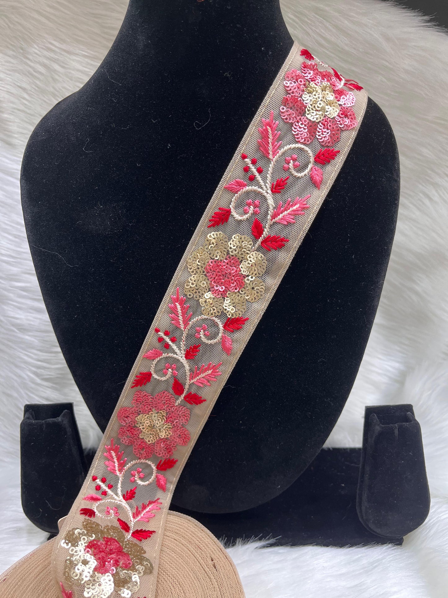 Beautiful Sequence Lace Trim on Net Fabric - 9 Meter | Red