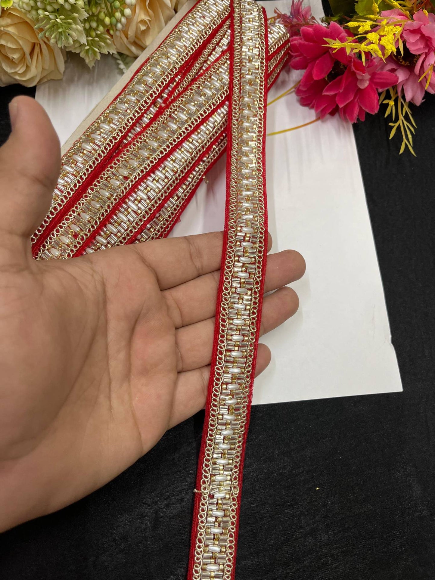 Delicate Pearl Work Designer Saree Laces – 9 Meters, 1-Inch Maggam Work Border for Sarees, Lehengas & Dupattas | Red