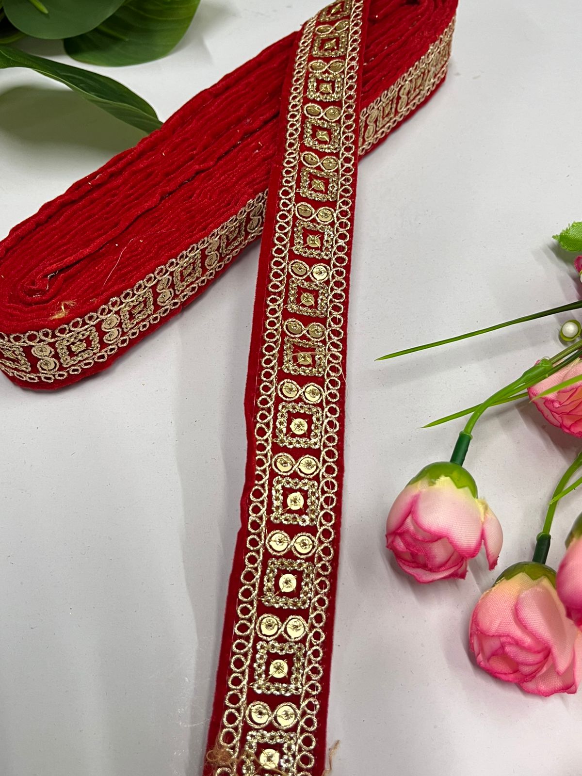 Velvet Saree Lace Trim | Indian Velvet Embroidered Lace Border for Saree and Dupatta (9 Mtr) | Red