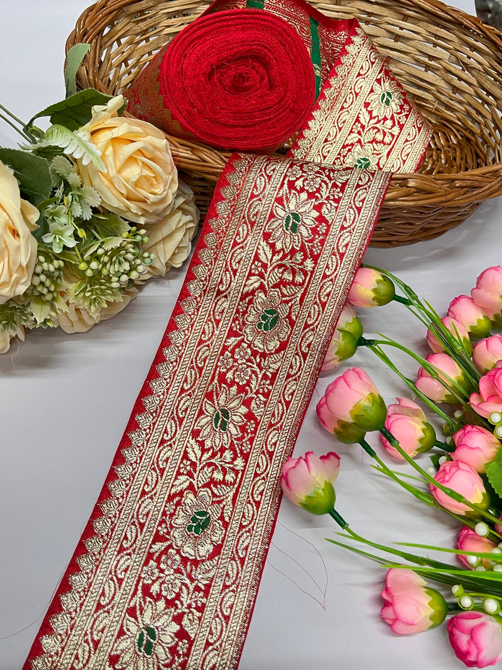 Original Flower Banarasi Border – 9 Meter, 3 Inch Width – Traditional Banarasi Lace, Red