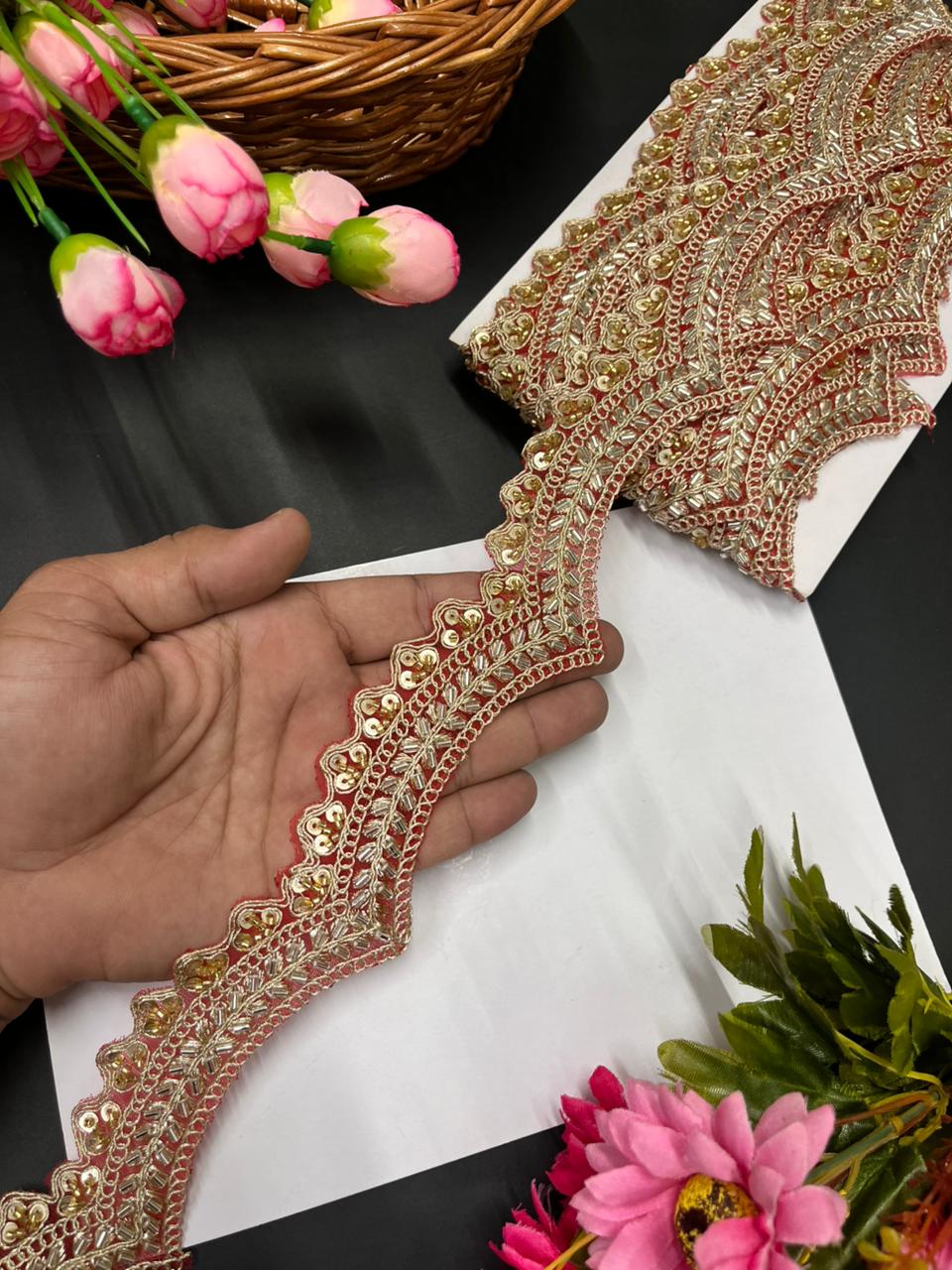 Scalloped Maggam Work Saree Lace Borders on Net Fabric – Designer Embroidered Trim for Sarees & Lehengas (9 Meter, 2 Inch Width) | Red