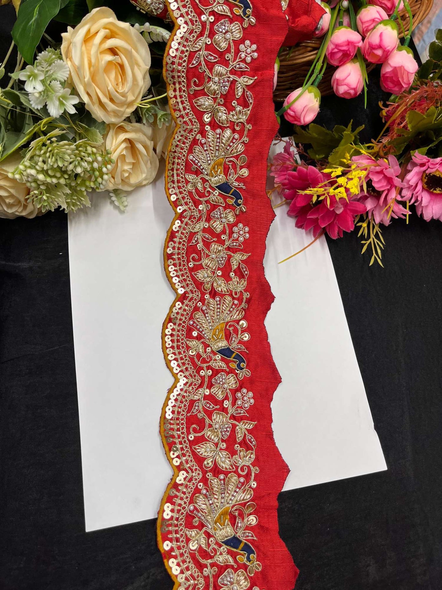 Exclusive Peacock Face Maggam Work Saree Laces – 9 Meters, 3-Inch Embroidered Border for Sarees, Lehengas & Dupattas | Red