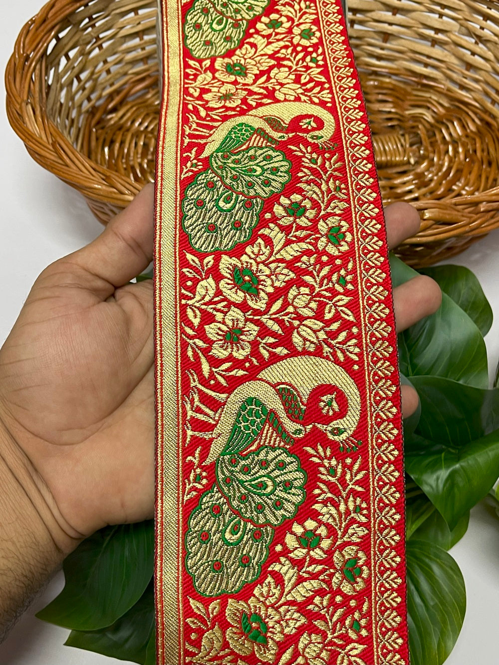 Peacock Design Banarasi Border – 9 Meter, 4 Inches Width – Traditional Banarasi Lace, Red