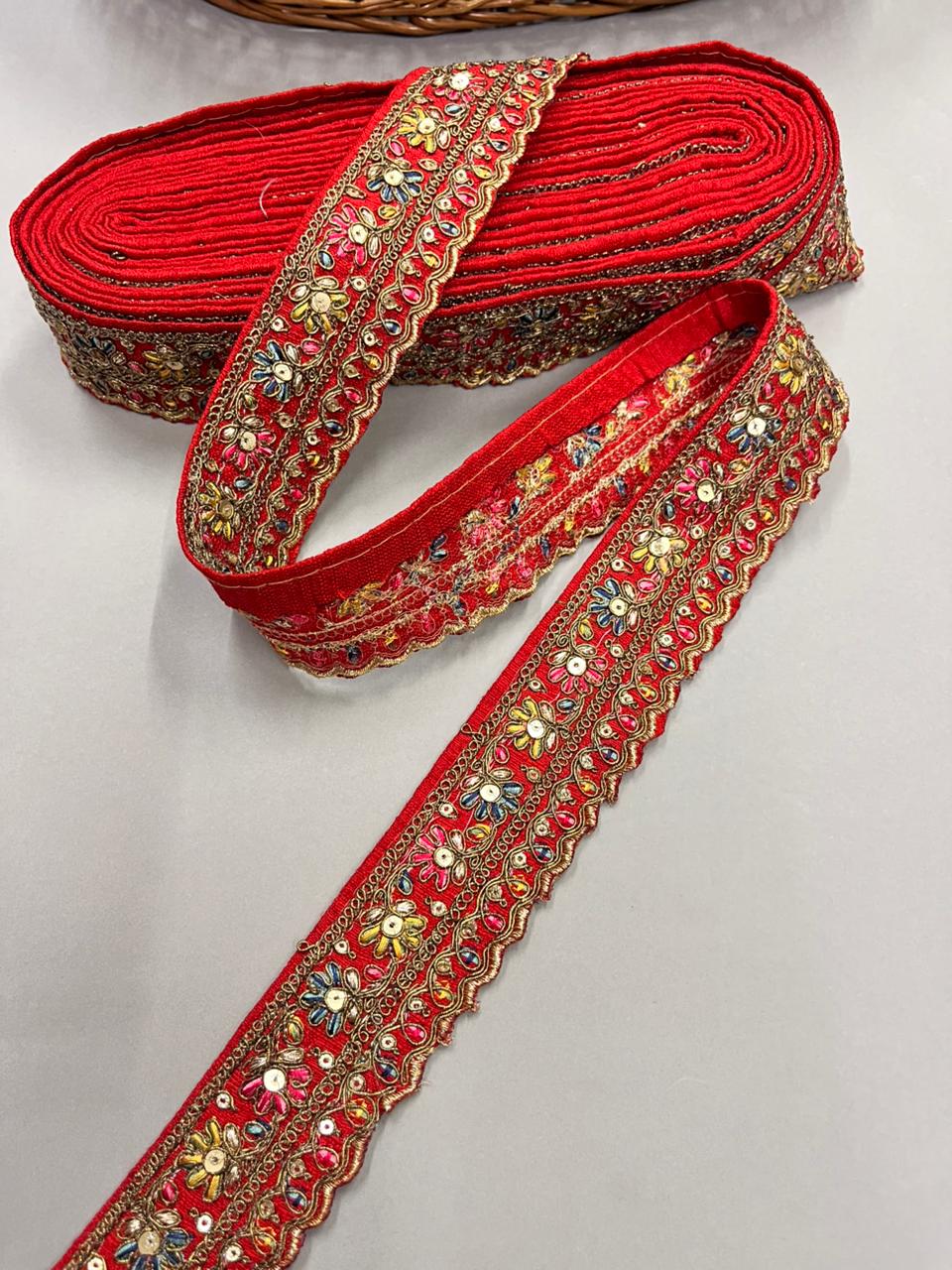 Zari Embroidered Sabyasachi Inspired Lace Border – Premium 2 Inch Designer Decorative Border for Sarees & Bridal Ethnic Wear (9 Meter) | Red