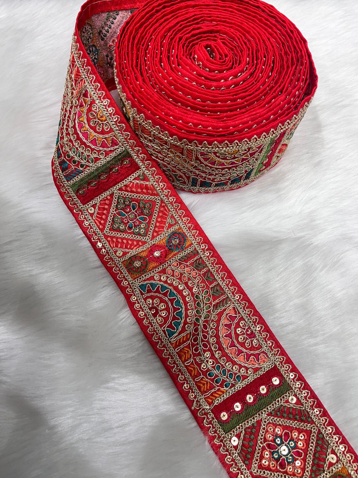 3 Inch Indian Saree Lace Border Embroidered Trim – Floral Decorative Ribbon for Art Quilts & Craft Projects (9 Meter) | Red