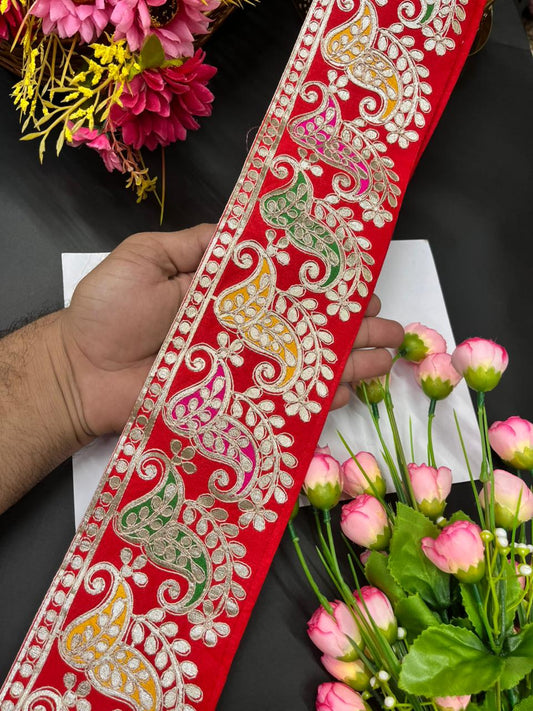 Exclusive Paisley Pure Gota Work Saree Laces – Premium Designer Border for Sarees, Lehengas & Dupattas (9 Meter, 4 Inch Width) | Red