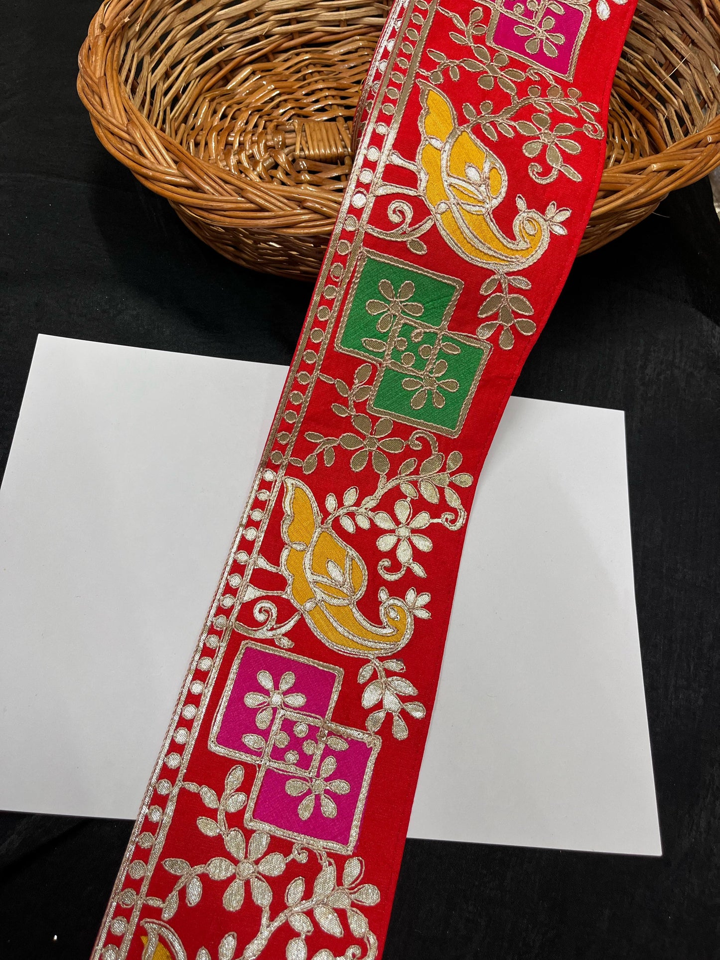 Traditional Peacock Design Gota Patti Lace – 9 Meters, 4-Inch Decorative Border Trim for Sarees, Lehengas & Dupattas - Red