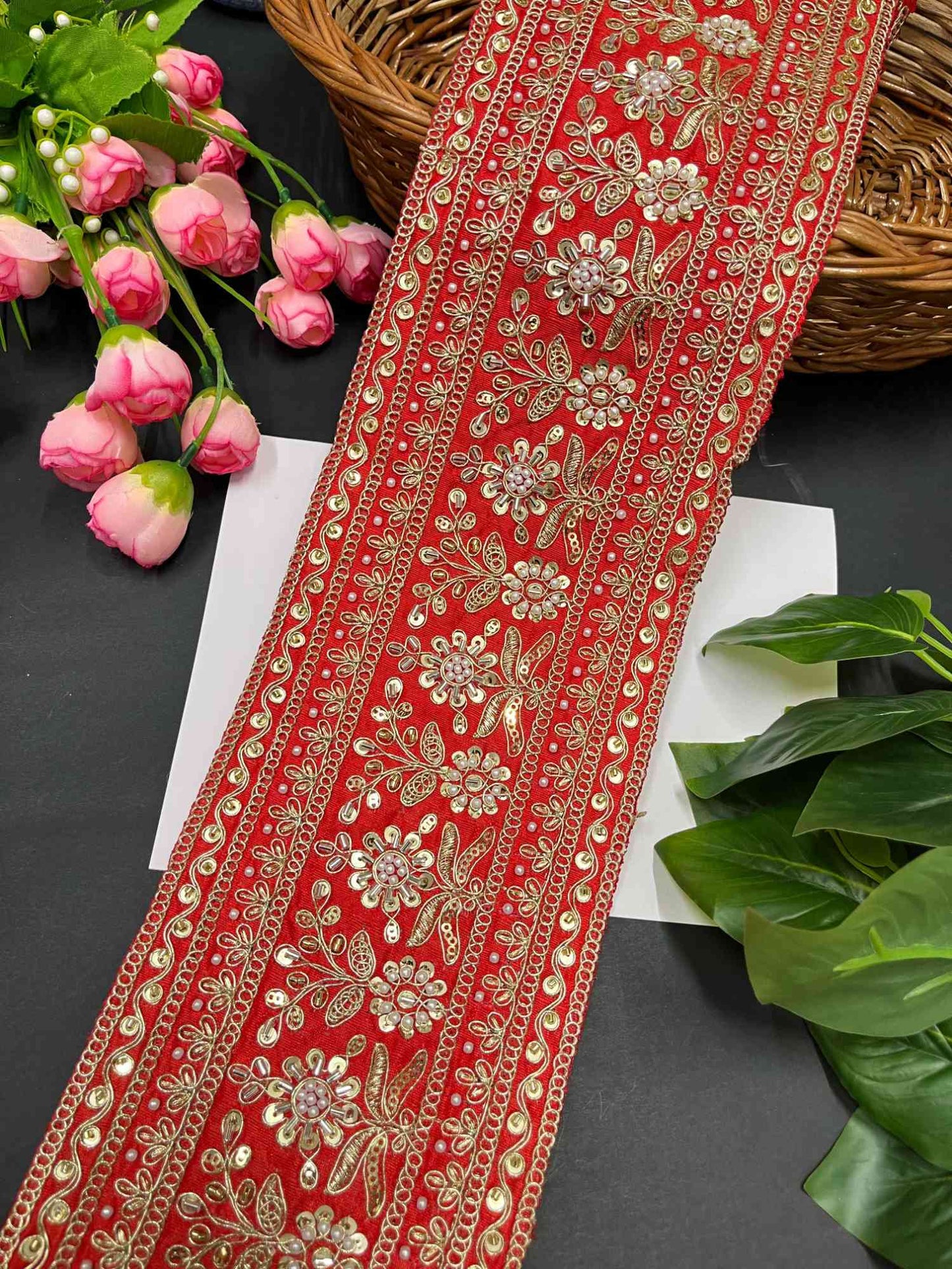 Handcrafted Exquisite Embroidered Cutdana Bridal Lehenga Border – 9 Meters, 5-Inch Maggam Work Lace | Red