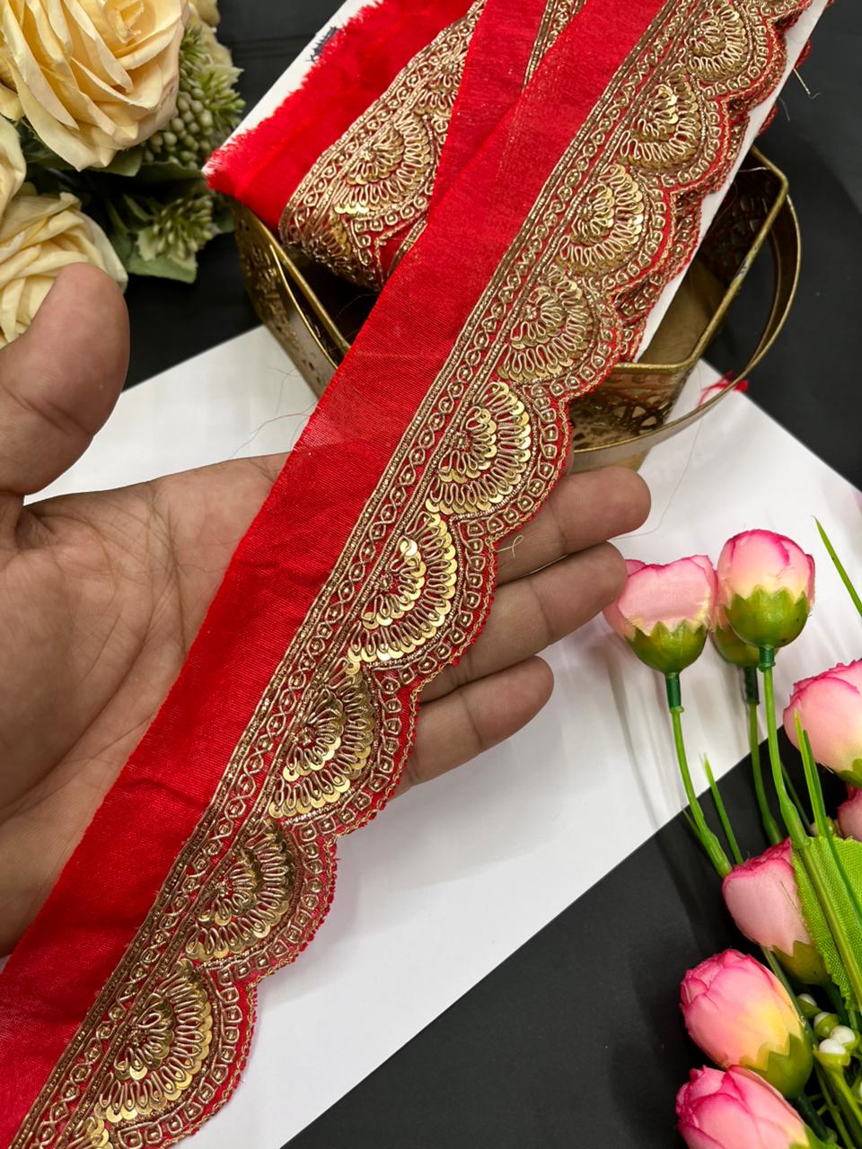 Scalloped Zardosi Work Handmade Saree Borders – Premium 1.5 Inch Maggam Work Lace for Bridal & Festive Wear (9 Meter) | Red