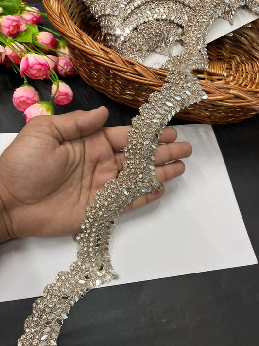 Beautiful Real Mirror Lace with Rhinestones – Premium Designer Border for Sarees, Dupattas & Lehengas (9 Meter, 2 Inch Width) | Rose Gold