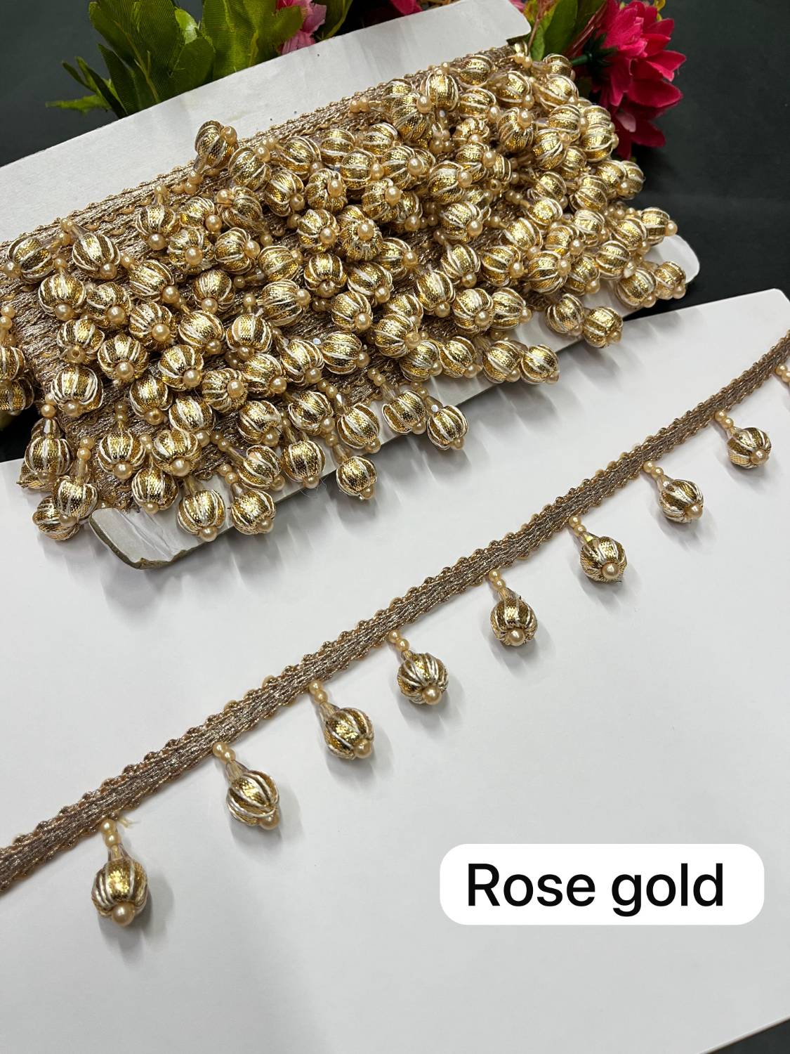 Gota Ball Hanging Lace | Gota Latkan Lace – Decorative Lace for Sarees, Dupattas, and Dresses (9 mtr, 1.5 inch) | Rose Gold