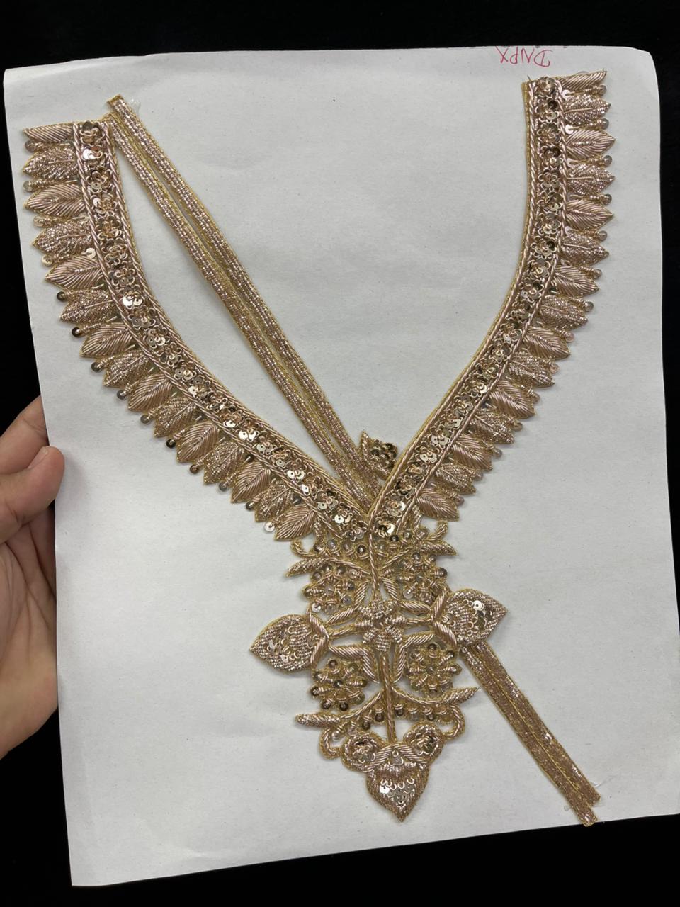 Handcrafted Dabka Work Neck Patches – Designer Ethnic Neck Patch for Kurti, Suits & Bridal Wear | Rose Gold