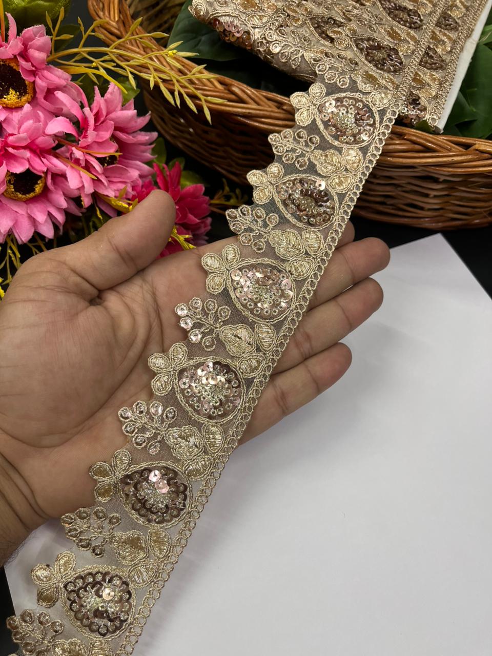 Sequins Embroidered Zari Lace Border – Heavy Gold Designer Lace for Sarees, Lehengas, Dupattas & Couture Wear (9 Meter, 2.5 Inch Width) | Rose Gold