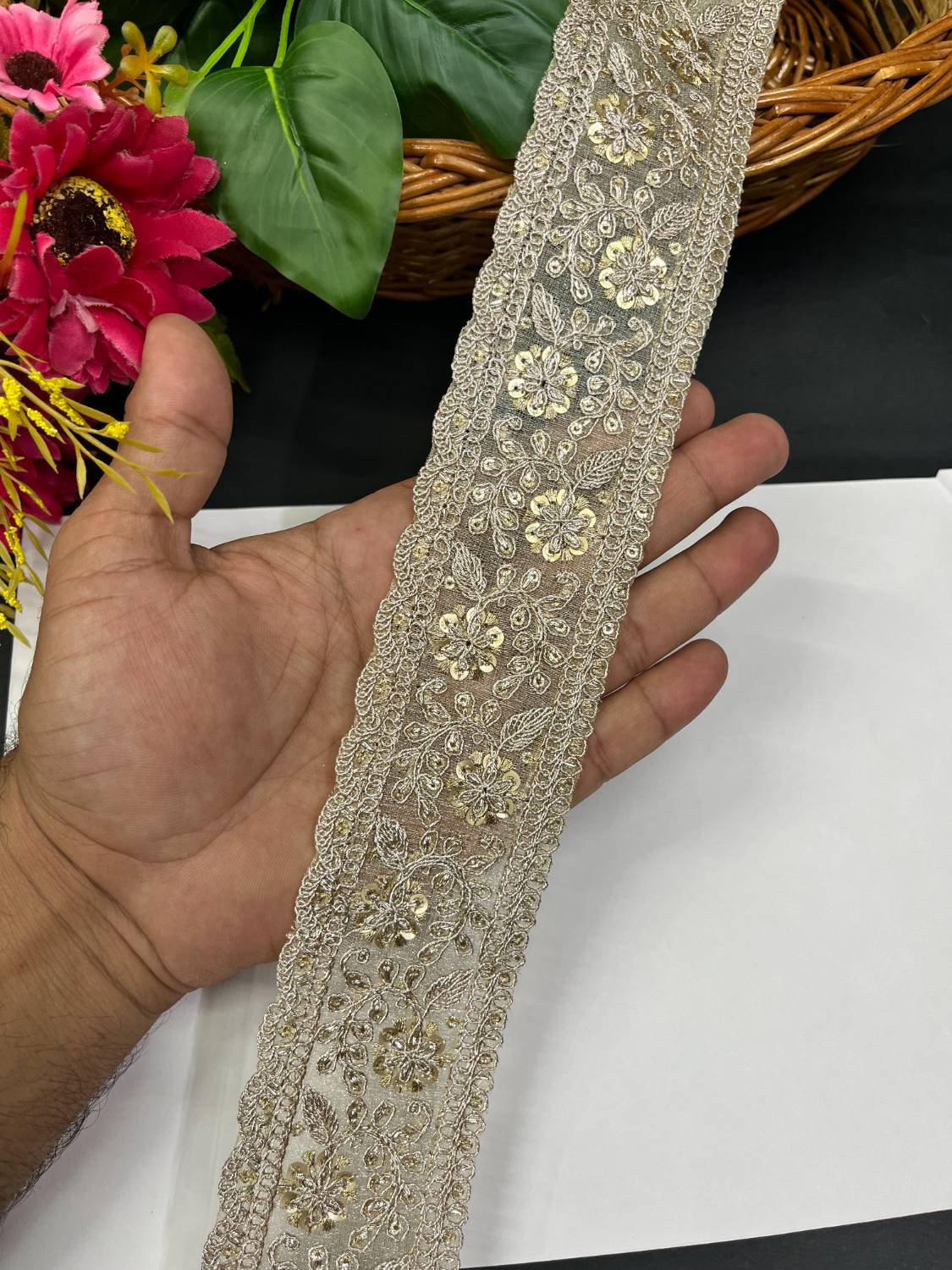 Gold Zari Embroidered Lace Borders for Sarees & Dupattas (9 Meter) – 2 Inch Width | Rose Gold