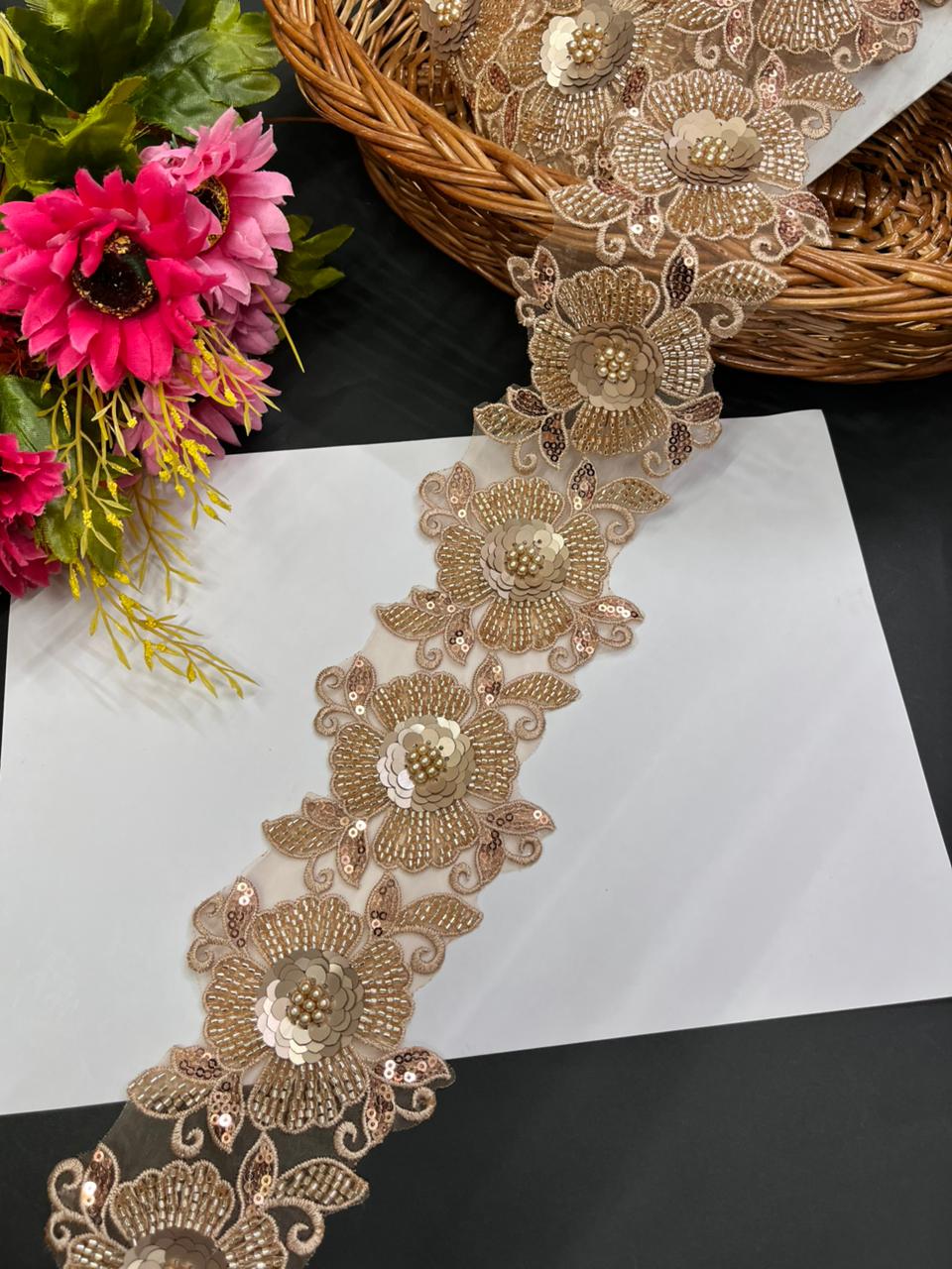 Imported Bead Work Flower Lace – Premium Designer Imported Lace Border for Sarees & Ethnic Wear | Rose Gold