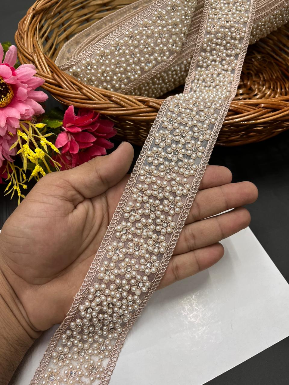 Handcrafted Pearl Borders – Premium Gold Embroidered Lace for Sarees, Lehengas & Dupattas (9 Meter, 2 Inch Width) | Rose Gold