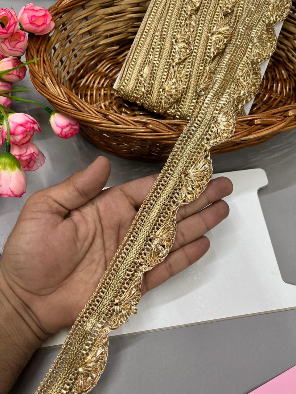 Gota Pankha Lace – Premium Gold Embroidered Border for Sarees, Lehengas & Dupattas (9 Meter, 1.5 Inch Width) | Rose Gold