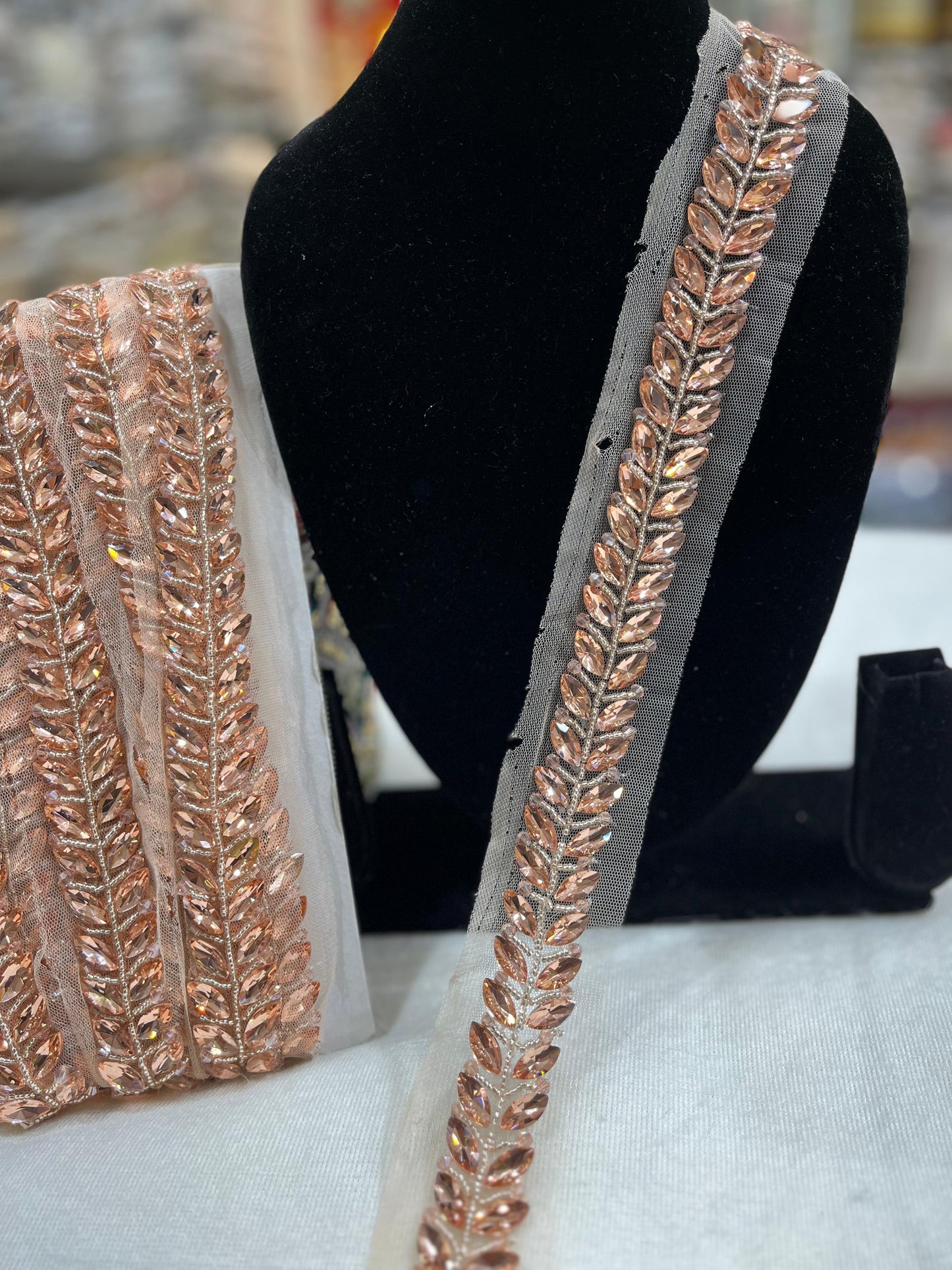 Crystal Stone Beaded Handmade Lace on Net Fabric – 9 Meters, 1-Inch Width | Rose Gold