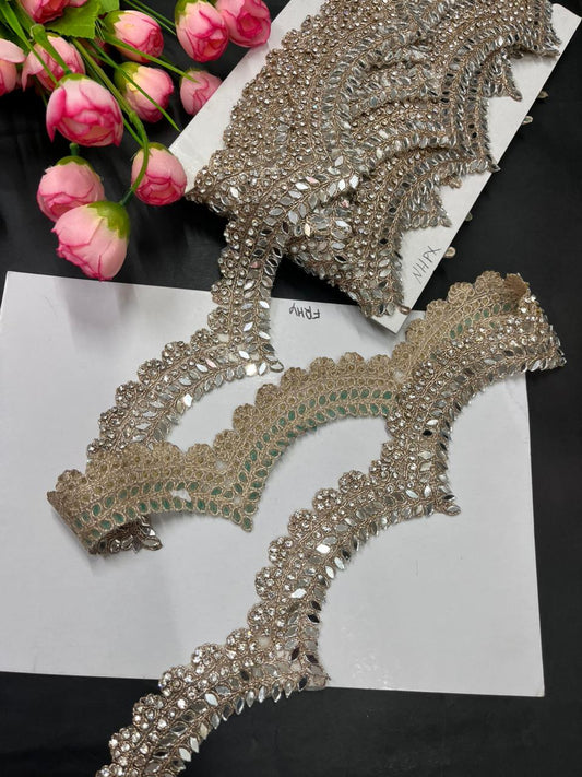 Beautiful Real Mirror Lace with Rhinestones – Premium Designer Border for Sarees, Dupattas & Lehengas (9 Meter, 2 Inch Width) | Rose Gold