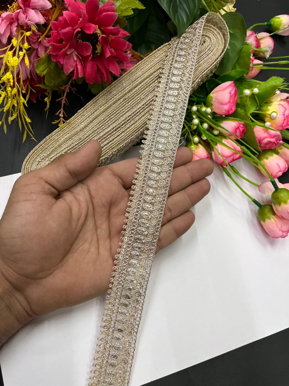 Gold Embroidered Zari Lace Trims for Boutique – Premium 1 Inch Designer Border for Sarees, Dupattas, Lehengas & Craft Use (9 Meter) | Rose Gold