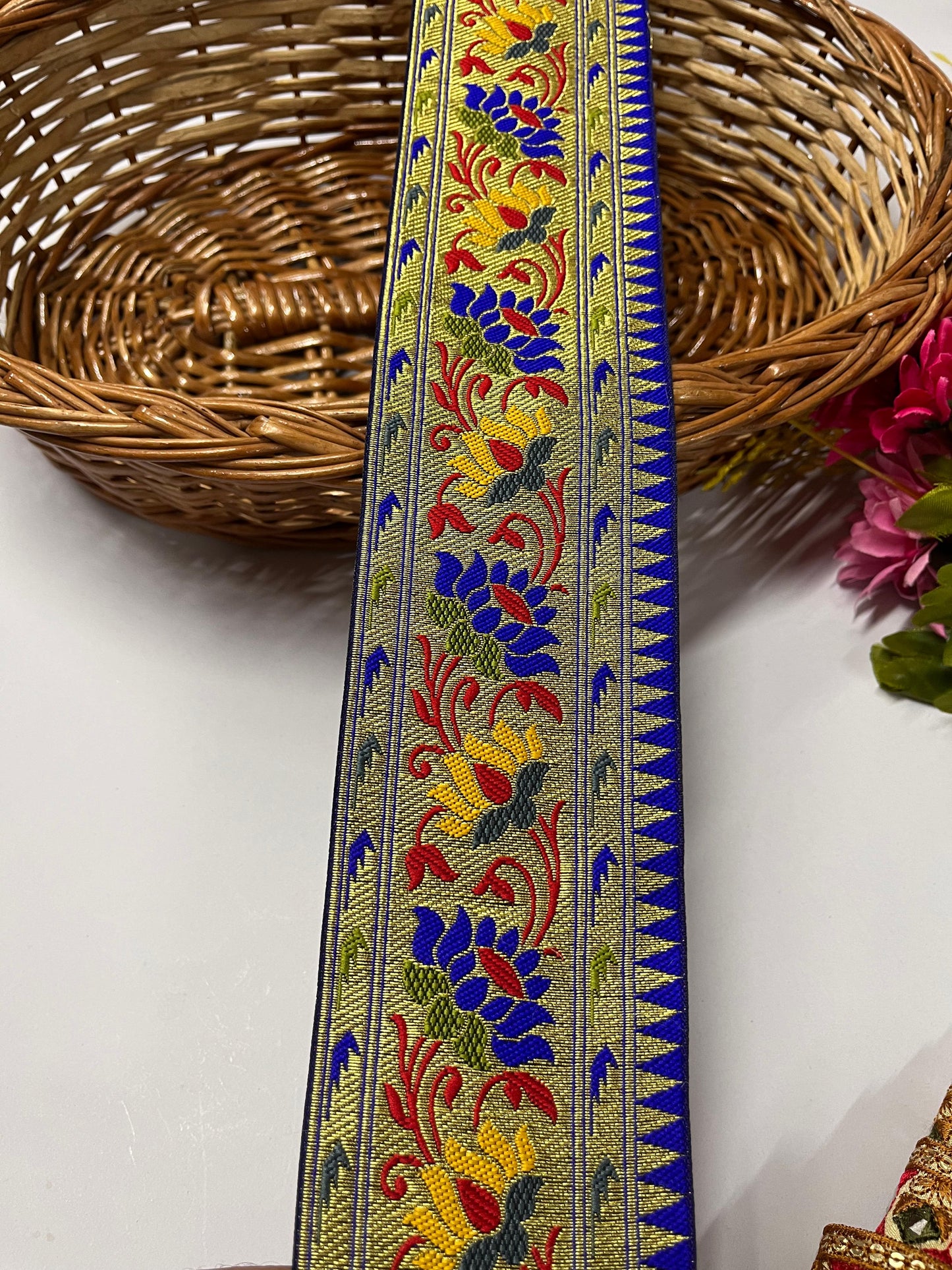 Flower & Leaf Banarasi Saree Lace | Banarasi Lace – 9 Meters, 3-Inch Width | Royal Blue