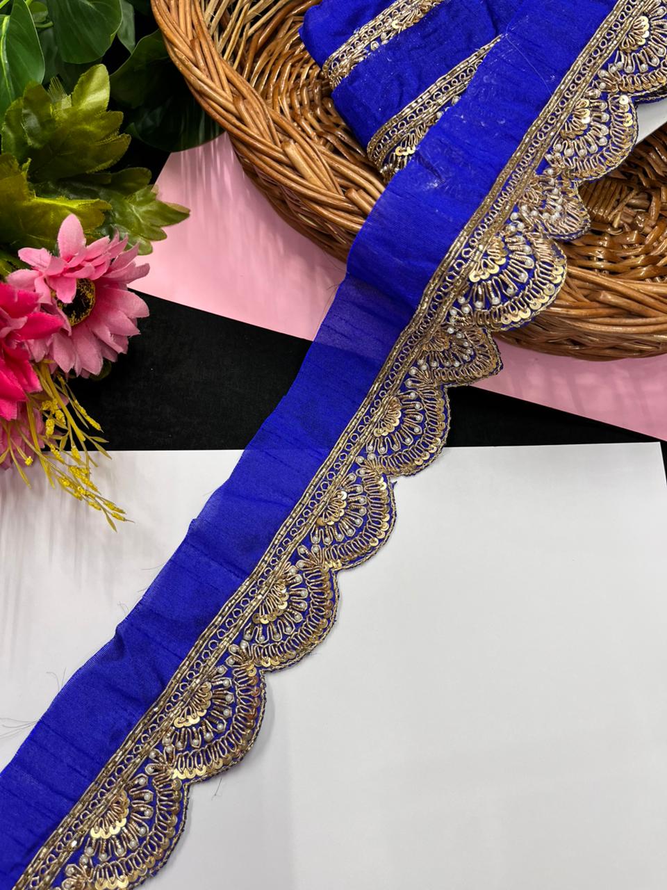 Handmade Scalloped Zardozi Maggam Work Saree Lace Borders – Premium Designer Maggam Lace | Royal Blue