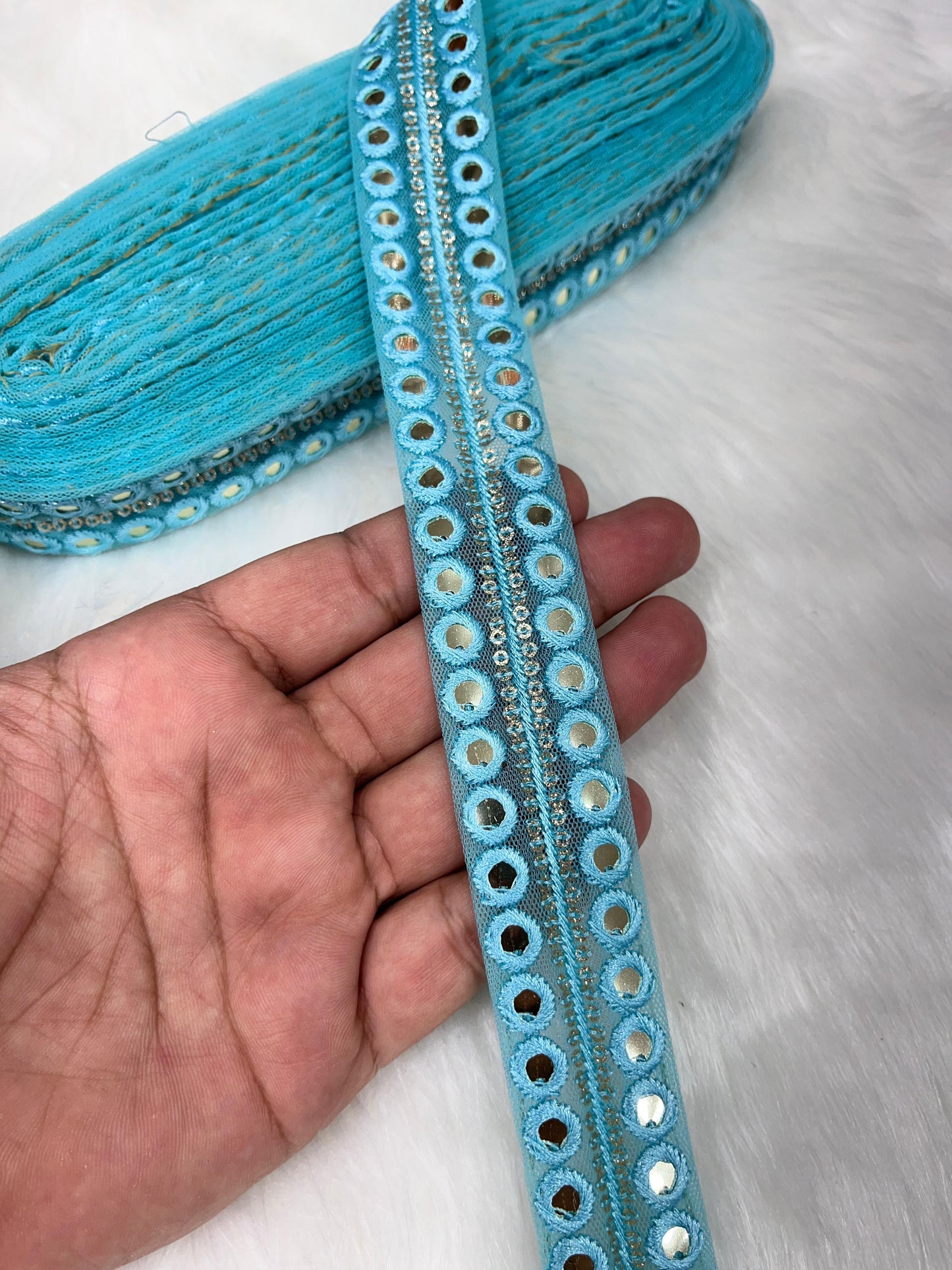 Mirror Lace Border Trims - 9 Meter Decorative Mirror Work Embellishments | Sea Blue