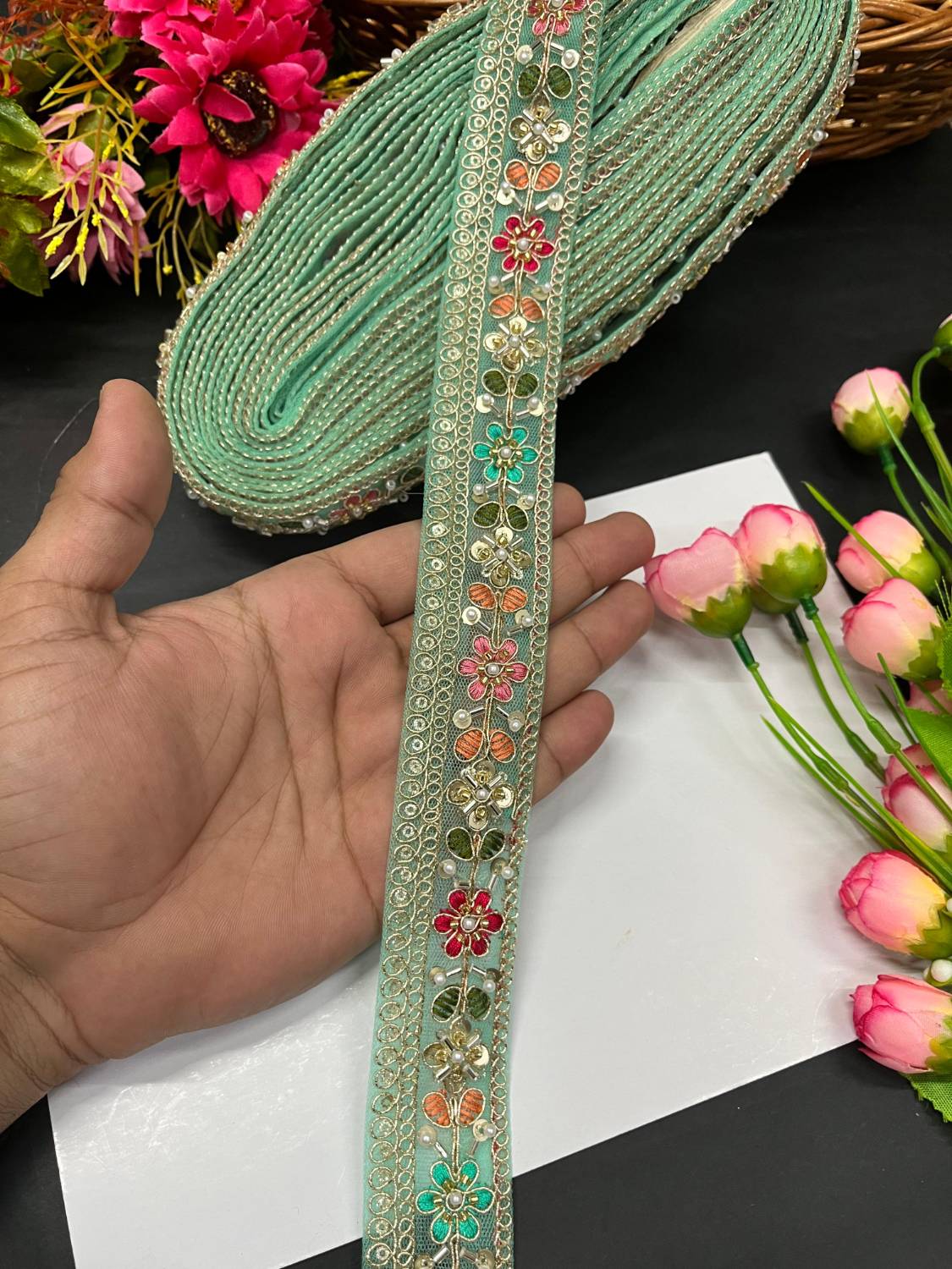 Beautiful Multicoloured Cutdana Beaded Saree Lace & Dupatta Lace – Premium Maggam Work Border Trim (9 Meter, 1.5 Inch Width) | Sea Green