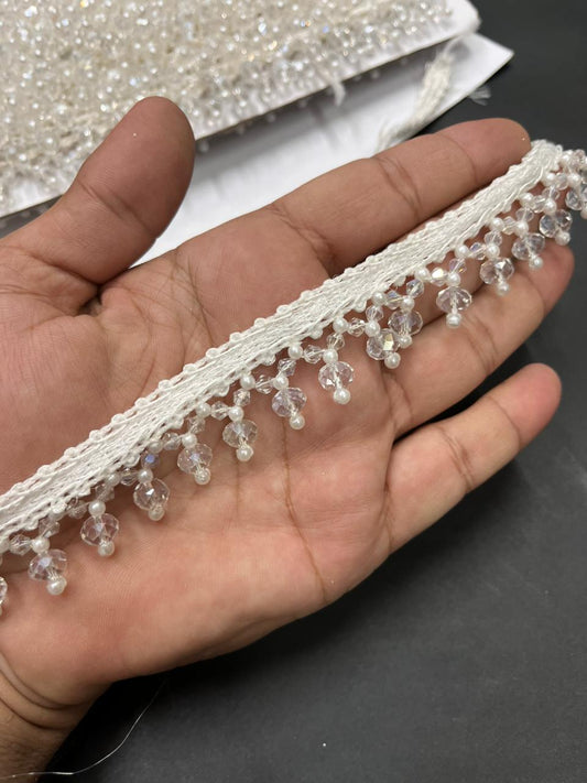 Handcrafted Crystal Hanging Laces – Designer Latkan Borders for Sarees, Dupattas & Lehengas (9 Meter, 1 Inch Width) | Silver