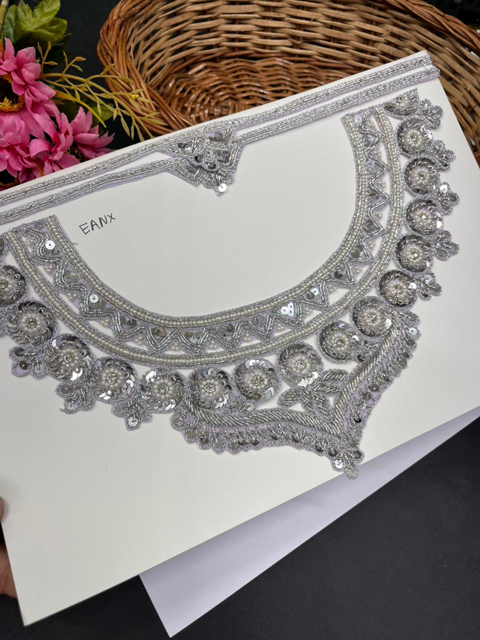 Handwork Zardozi Neck Patch With Sleeves – Premium Designer Embroidered Neckline for Kurtis, Blouses, Suits & Ethnic Outfits | Silver