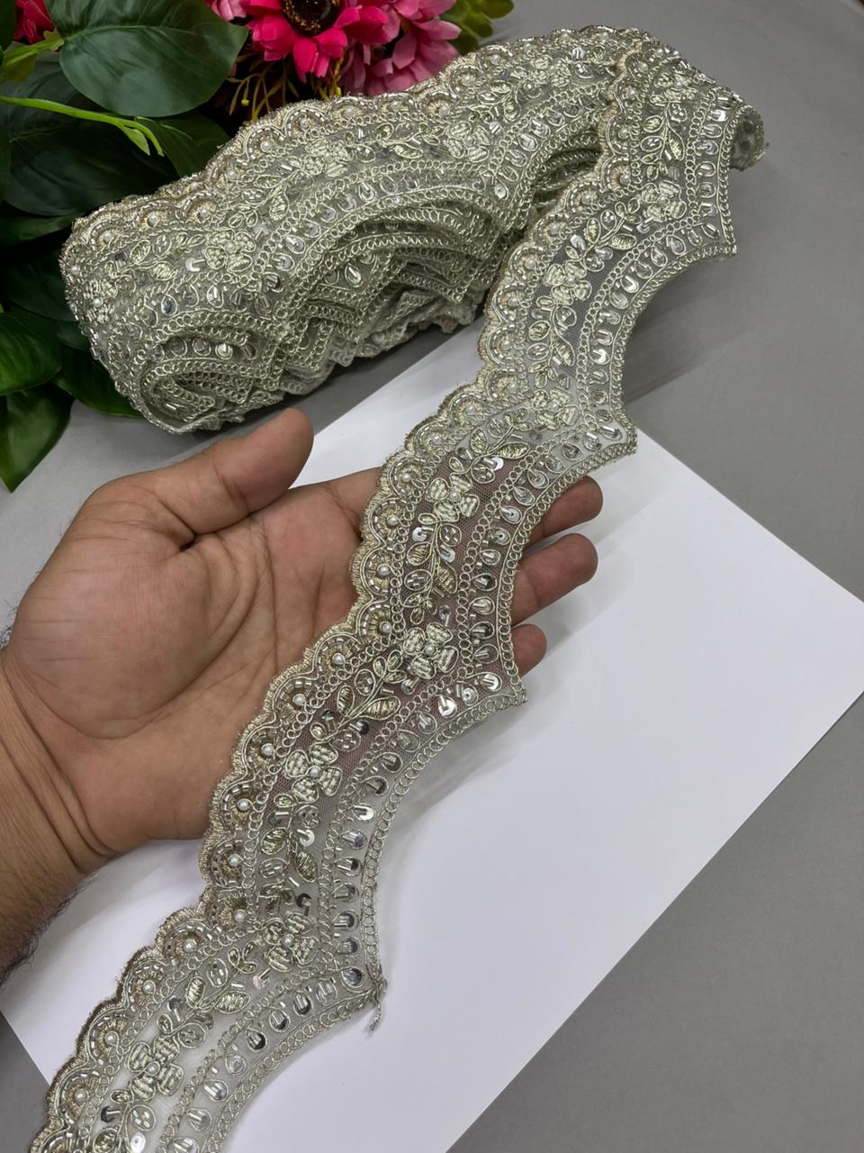 Cutdana Work Scalloped Zari Lace – Premium 2 Inch Gold Embroidered Decorative Border for Bridal & Festive Wear (9 Meter) | Silver