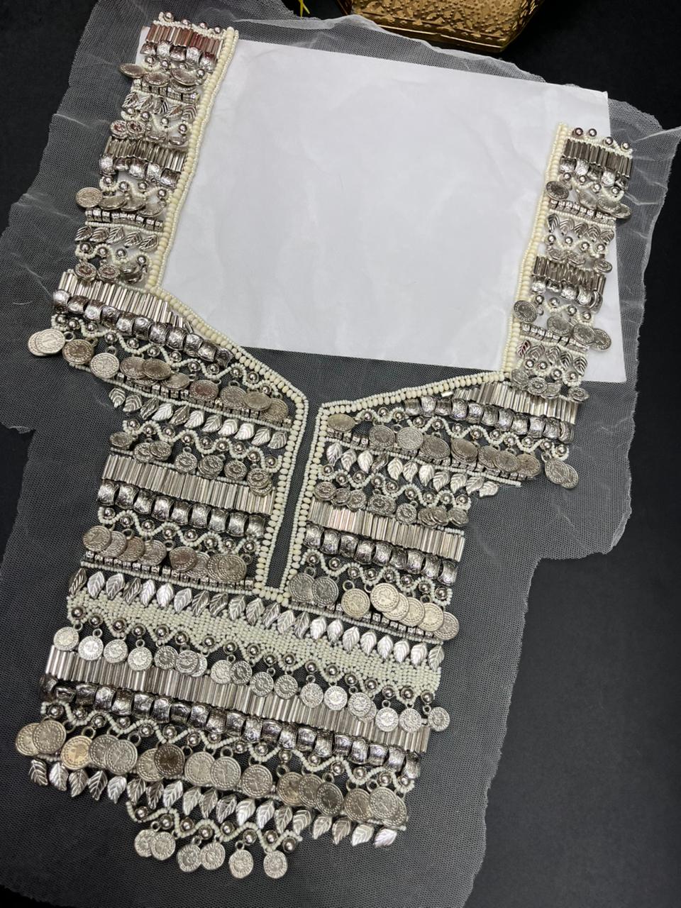 Handcrafted Oxidised Neck Yoke – Designer Embroidered Neck Patch for Kurtis, Saree Blouses & Ethnic Wear | Silver