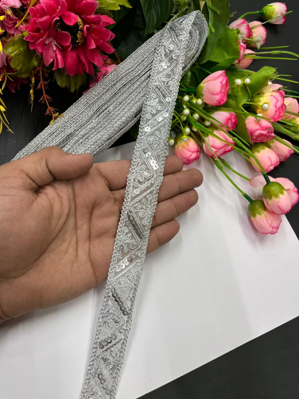 Beautiful Embroidered Zari Gold Laces for Craft Products – Premium 1 Inch Decorative Lace for Sarees, Dupattas & DIY Projects (9 Meter) | Silver