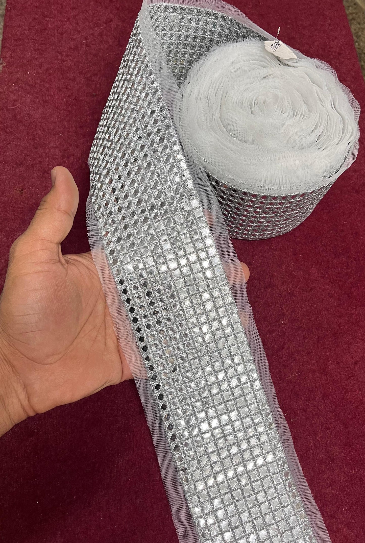 Mirror Lace with Net Fabric – 9 Meters, 3-Inch Width, Handcrafted Embellished Border | Silver