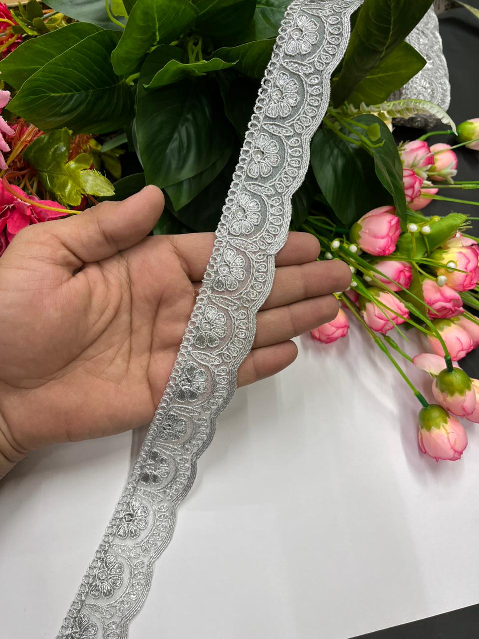 Scalloped Embroidered Zari Lace Designs – Premium 1.5 Inch Gold Designer Border for Sarees, Dupattas & Festive Wear (9 Meter) | Silver