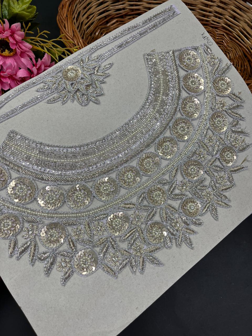 Handwork Zardozi Neck Patch With Sleeves – Luxury Embroidered Neckline for Kurtis, Blouses, Suits & Designer Ethnic Wear | Silver