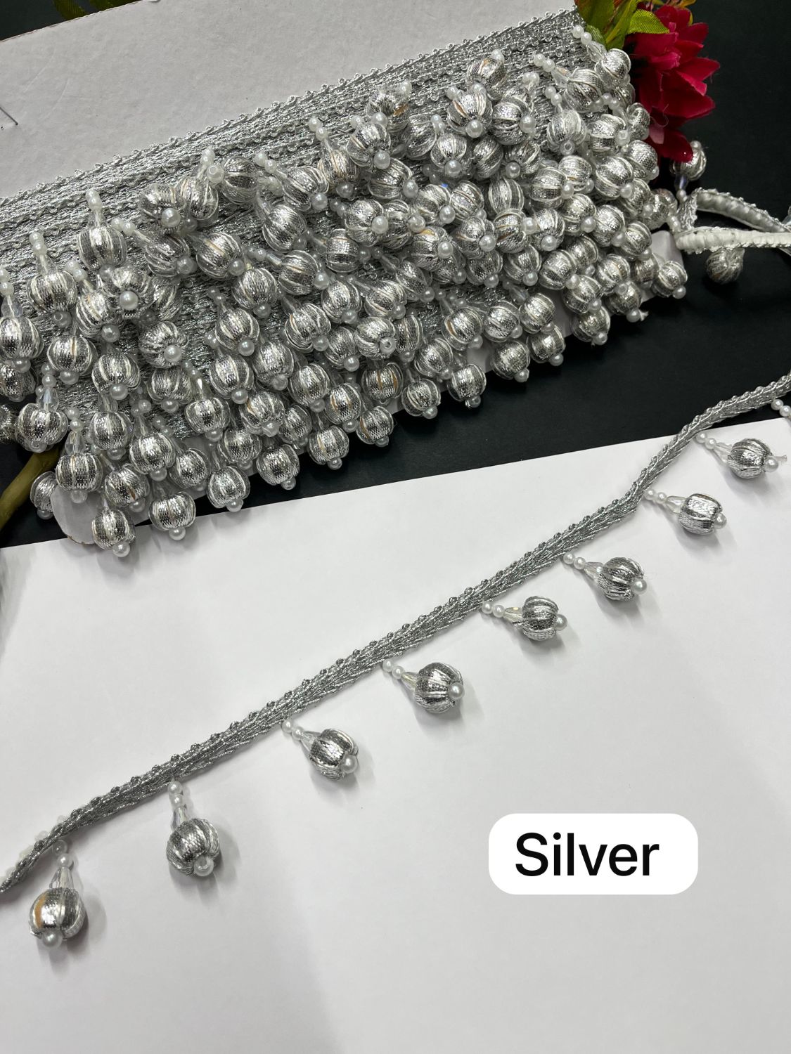 Gota Ball Hanging Lace | Gota Latkan Lace – Decorative Lace for Sarees, Dupattas, and Dresses (9 mtr, 1.5 inch) | Silver
