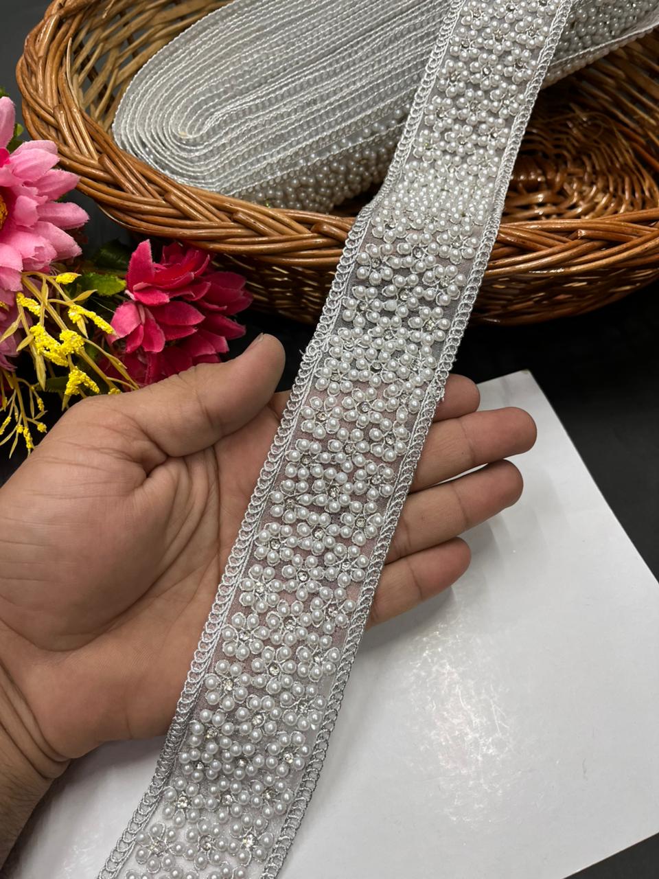 Handcrafted Pearl Borders – Premium Gold Embroidered Lace for Sarees, Lehengas & Dupattas (9 Meter, 2 Inch Width) | Silver