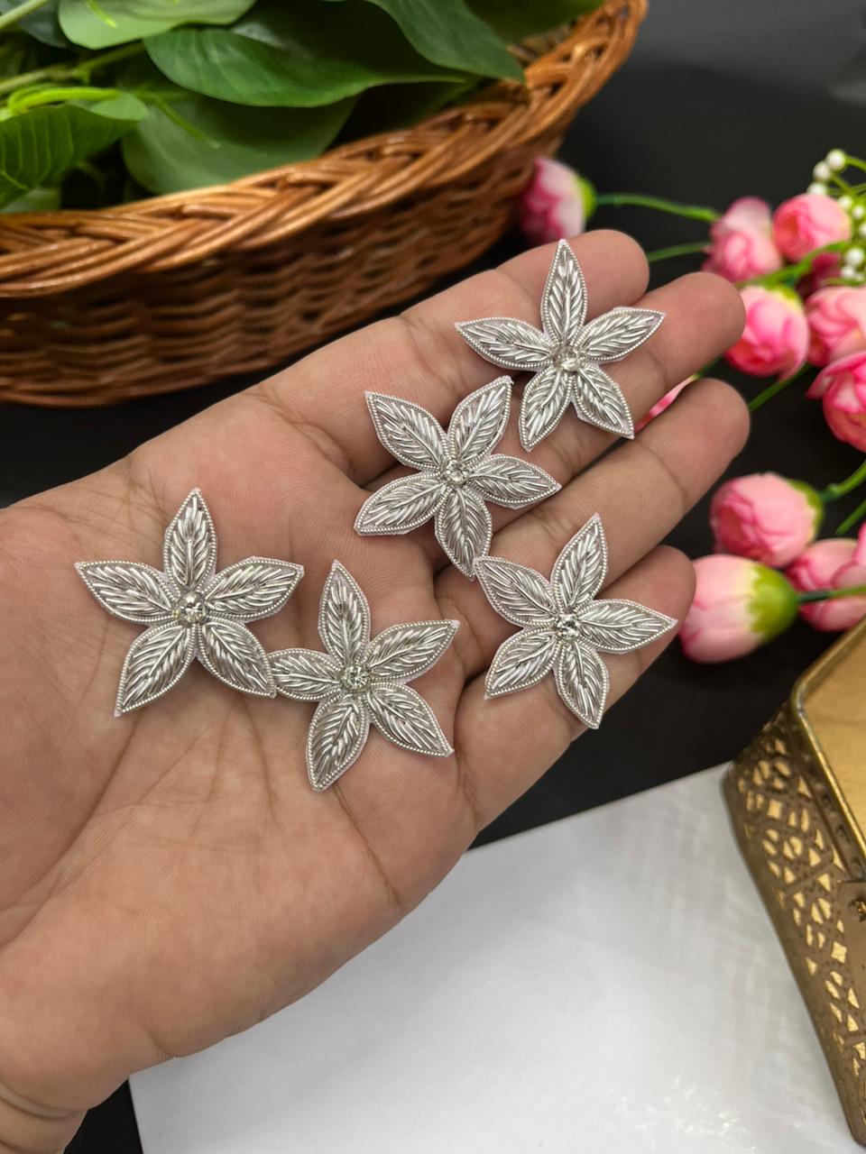 Handmade Zardosi Flower Patch | Zardosi Applique (Pack of 6) for Sarees, Lehengas & Blouses | Silver