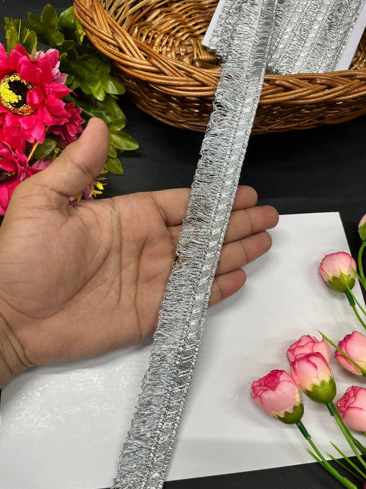 Fringe Lace | Zalar Lace | Dulhan Dupatta Zalar Lace – Traditional Latkan Border Trim for Bridal & Festive Wear (9 Meter, 1.25 Inch Width) | Silver