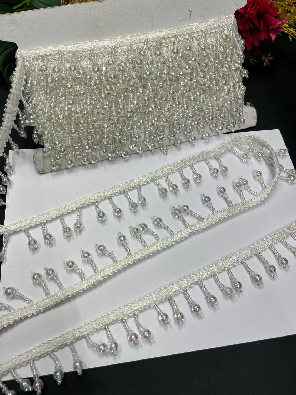 Beautiful Crystal Bead Work Hanging Lace – Decorative Latkan Lace for Sarees, Dupattas, and Dresses (9 mtr, 1.5 inch) | Silver