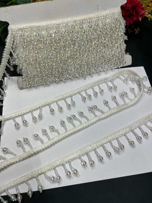 Beautiful Crystal Bead Work Hanging Lace – Decorative Latkan Lace for Sarees, Dupattas, and Dresses (9 mtr, 1.5 inch) | Silver