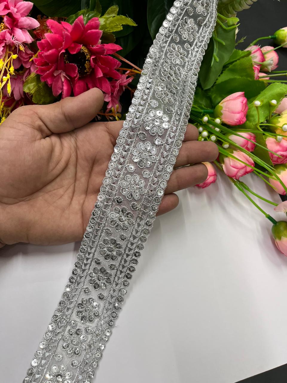 Flower Design Sequins Embroidered Zari Laces – Premium 2 Inch Gold Designer Border for Sarees, Lehengas, Dupattas & Festive Wear (9 Meter) | Silver