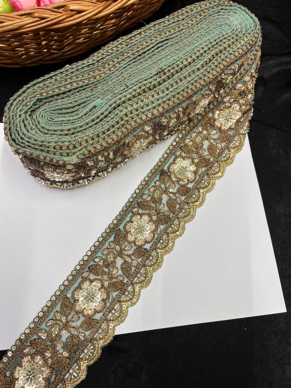 Antique Zari Flower Design Maggam Work Lace for Sarees – Premium Designer Maggam Lace | Sky Blue